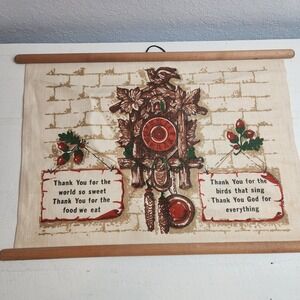 Vintage 1960's‎ Tapestry Wall Hanging Thankful Quotes Rustic Cuckoo Clock